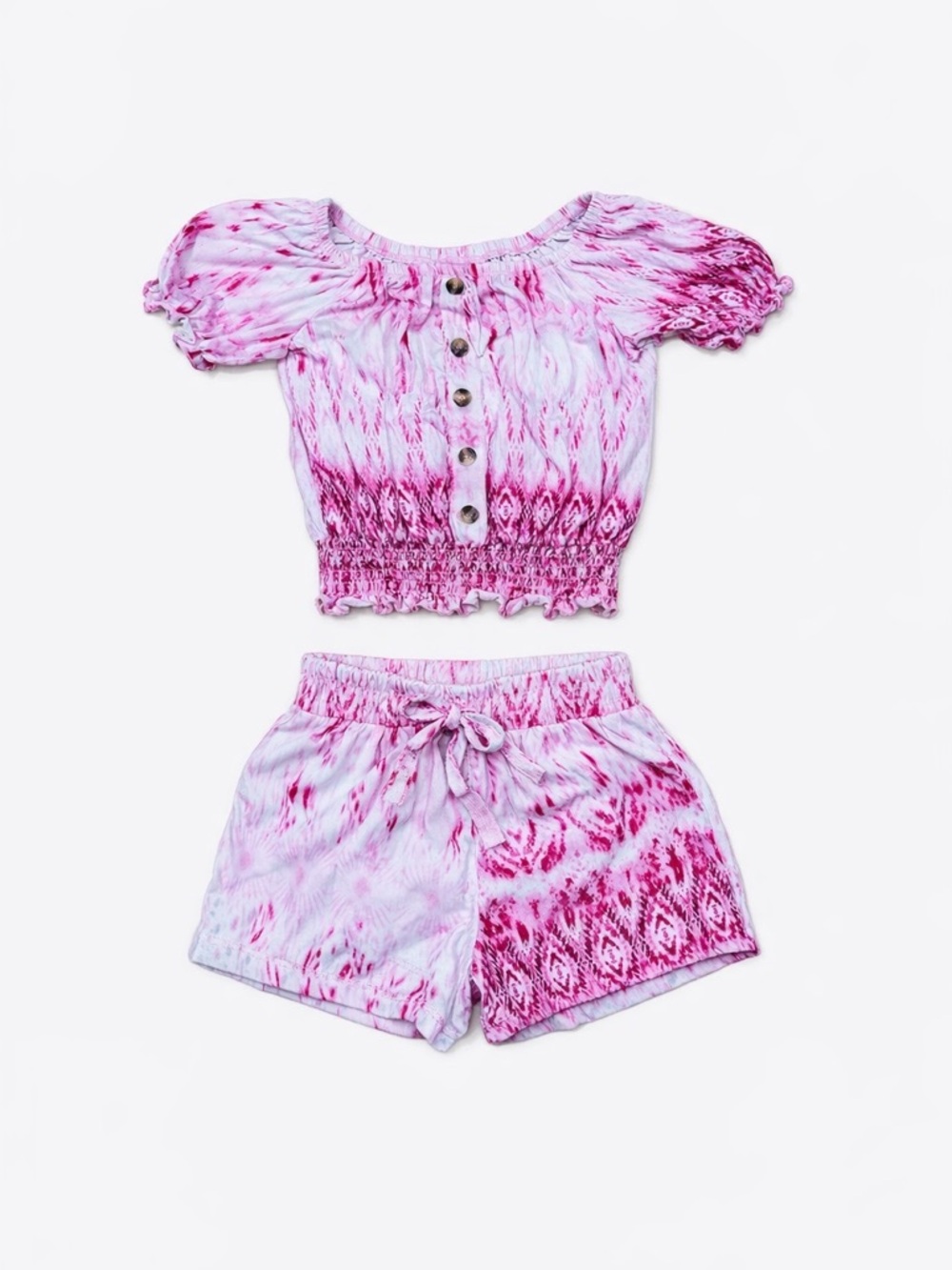 1st Kiss Pink Tie Dye 2-Piece Matching Ruffle Top & Shorts Set Girls Size S 7/8